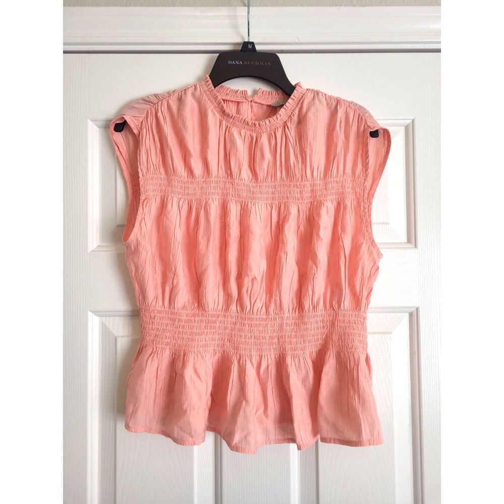 H&M Women's Peach Smocked Peplum Blouse Size M Cap Sleeve Lightweight Top